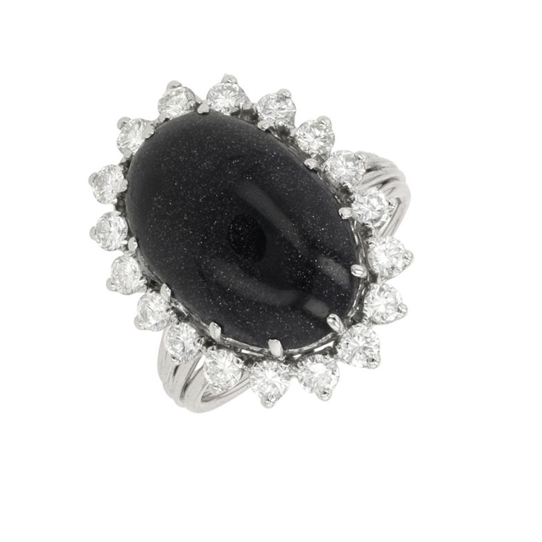 Bague vintage goldstone bleu et diamants 1.08 carat or blanc 7.52g Comme neuf -  reconditionné disponible sur Gemme Les Bijoux